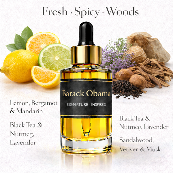 Barack Obama Inspired fragrance oil – Fresh Spicy Woods scent with lemon, bergamot, black tea and sandalwood on white background