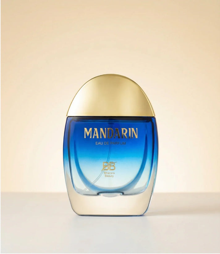 Bharara Beauty Mast Mandarin 3.4oz Eau de Parfum blue gradient bottle with gold cap front view.