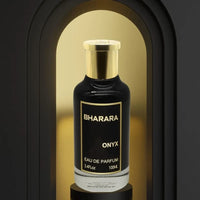 Elegant black and gold Bharara Onyx perfume bottle on luxury spotlight display – Eau De Parfum for men, 100ML.