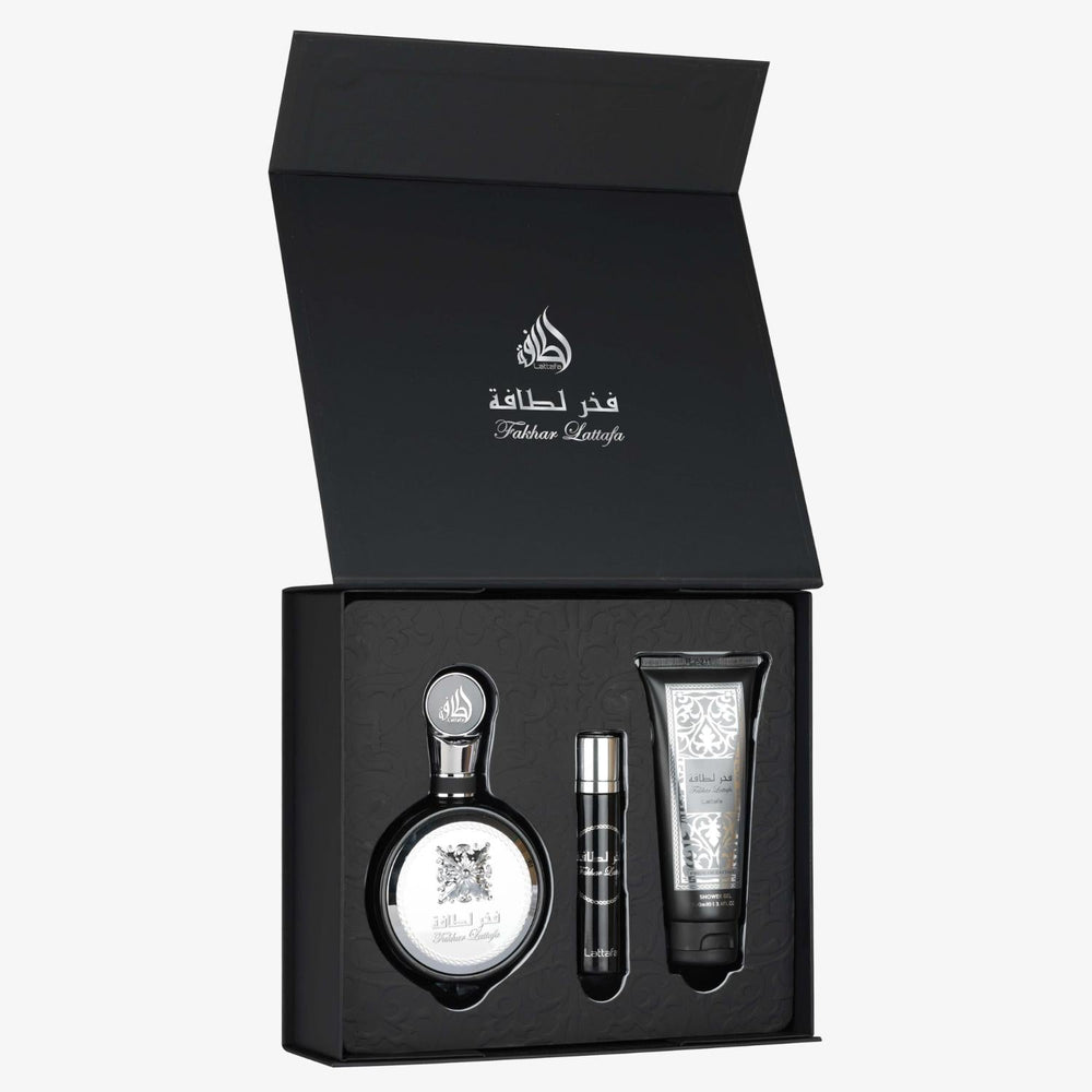 Lattafa Fakhar Gift Set EDP 100ML + Travel Spray 20ML + Body Shower 100ML – Modern Masculine Elegance