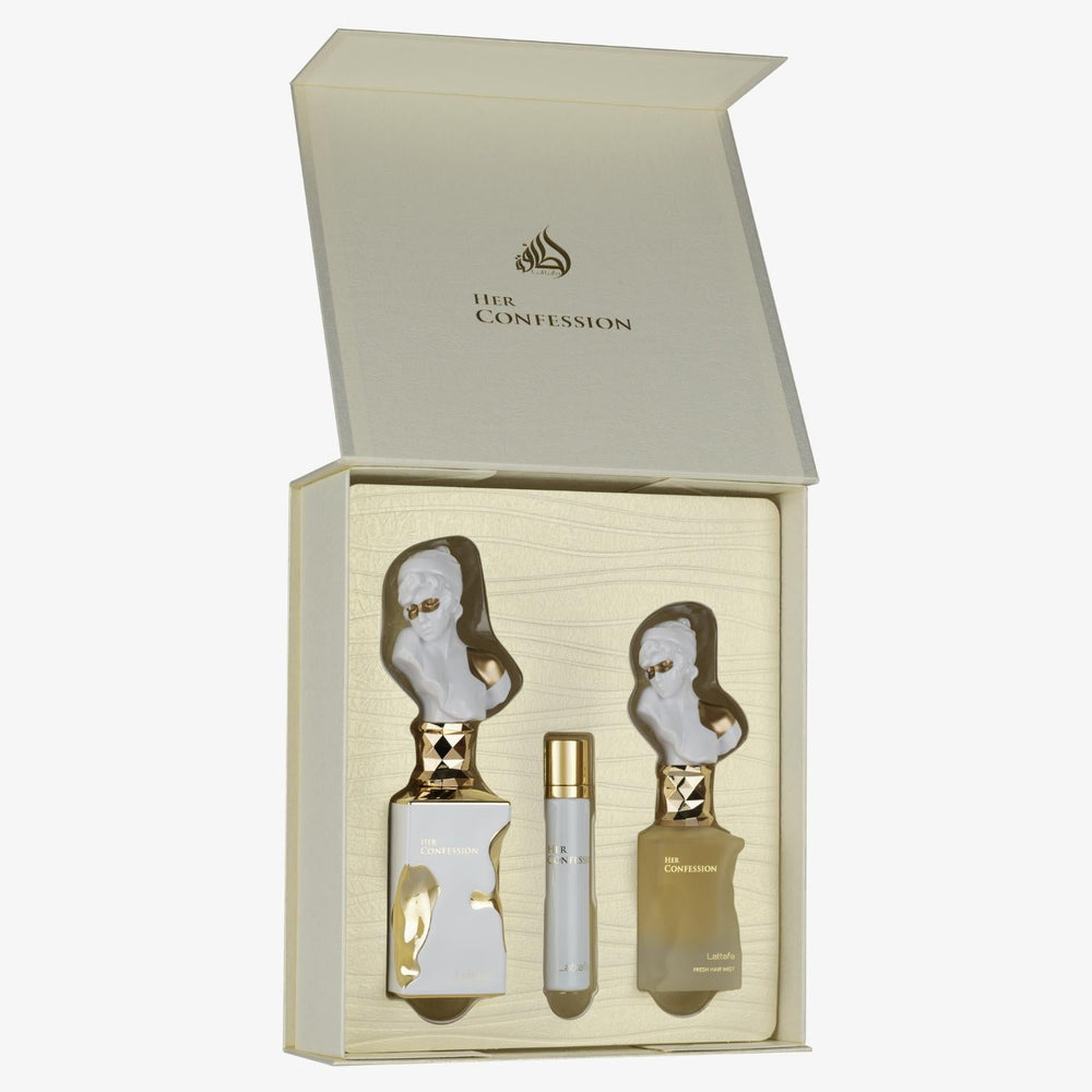 Lattafa Her Confession Gift Set EDP 100ML + Travel Spray 12ML + Hair Mist 50ML – Warm Floral Mystery