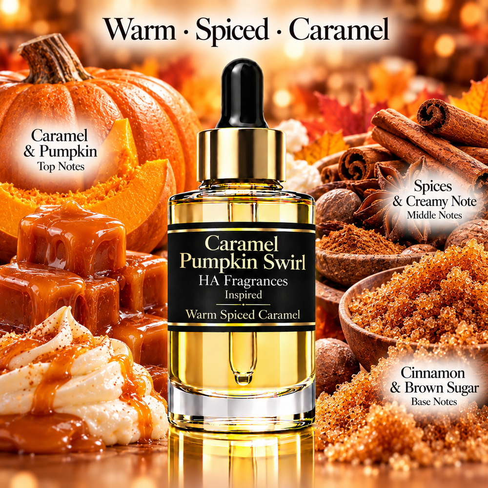A bottle of HA Fragrances 'Caramel Pumpkin Swirl' scented hair oil centered against a rich autumnal background of caramel, pumpkin, cinnamon, brown sugar, and spices. The text at the top reads 'Warm • Spiced • Caramel' and notes the top, middle, and base notes.