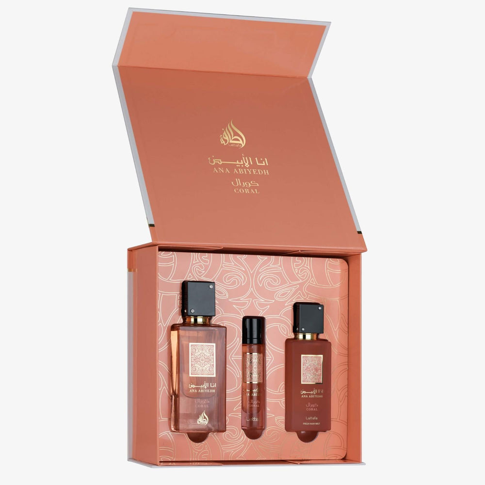 Lattafa Ana Abiyedh Coral Gift Set 60ML + Travel Spray 12ML + Hair Mist 50ML – Tropical Creamy Glow