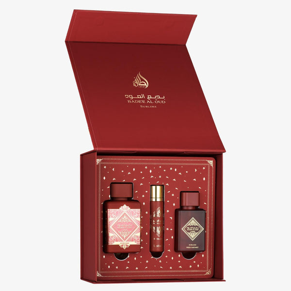Lattafa Bade’e Al Oud Sublime Gift Set 100ml + 12ml + 50ml – Fruity Oud Elegance