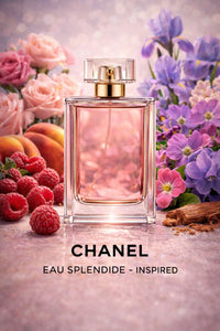 Chanel Eau Splendide inspired fragrance oil featuring raspberry, violet, peach, rose, iris, white musk, and cedar notes with product name displayed at the bottom