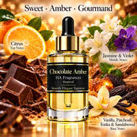 A bottle of HA Fragrances 'Chocolate Amber' perfume centered against a rich, warm background of chocolate pieces, citrus, flowers, and spices. Text labels identify the scent notes: Sweet, Amber, and Gourmand, with additional notes for Citrus, Jasmine & Violet, Vanilla, Patchouli, Tonka & Sandalwood.