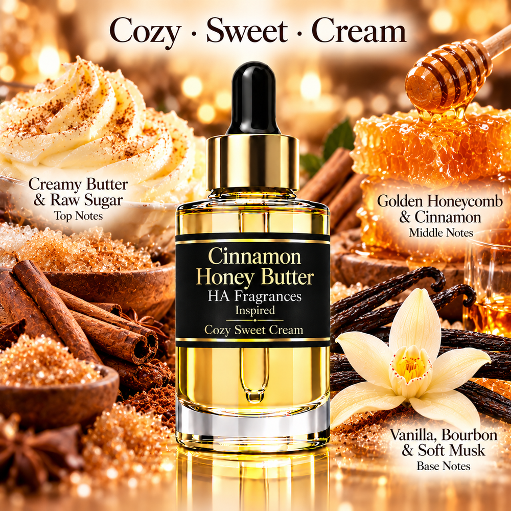 A glass dropper bottle of Cinnamon Honey Butter HA Fragrances with a black label and gold collar, centered against a warm golden-brown background with whipped cream, honeycomb, cinnamon sticks, vanilla, and text describing the scent notes.