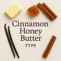 Cinnamon Honey Butter fragrance notes image showing butter, honeycomb, cinnamon sticks, and vanilla beans arranged around the title on a clean white background.