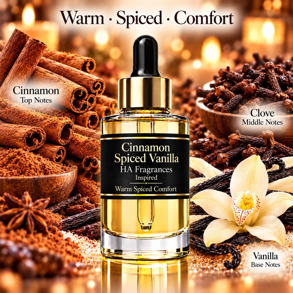 A glass dropper bottle labeled 'Cinnamon Spiced Vanilla HA Fragrances Inspired' centered over a warm, spice-rich background with cinnamon sticks, cloves, vanilla flower, star anise, and glowing candles. Text at the top reads 'Warm • Spiced • Comfort,' with scent notes labeled for cinnamon, clove, and vanilla.