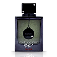 Close-up of Club De Nuit Urban Man Elixir EDP 105ML by Armaf - a sleek black fragrance bottle with a modern design.