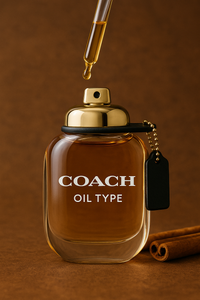 Coach Oil Type fragrance bottle with a golden cap and leather-style tag, shown with oil dripping from a dropper into the open bottle – elegant and warm background for luxury-inspired perfume oil.