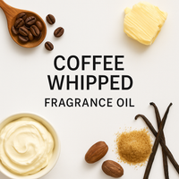 Coffee Whipped Type inspired fragrance image with roasted coffee beans, butter, whipped cream, vanilla beans, and sweet musk notes arranged around the centered title.