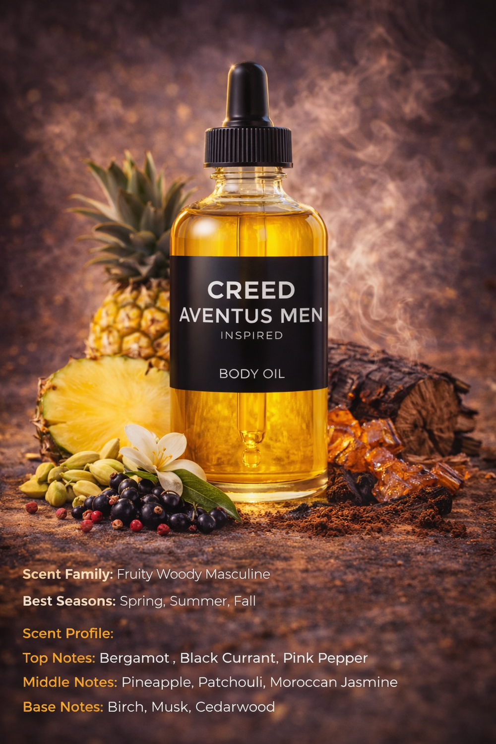 Creed Aventus inspired body oil by HA Fragrances featuring fruity woody masculine scent profile with pineapple, bergamot, black currant and smoky woods notes displayed in luxury body oil bottle.