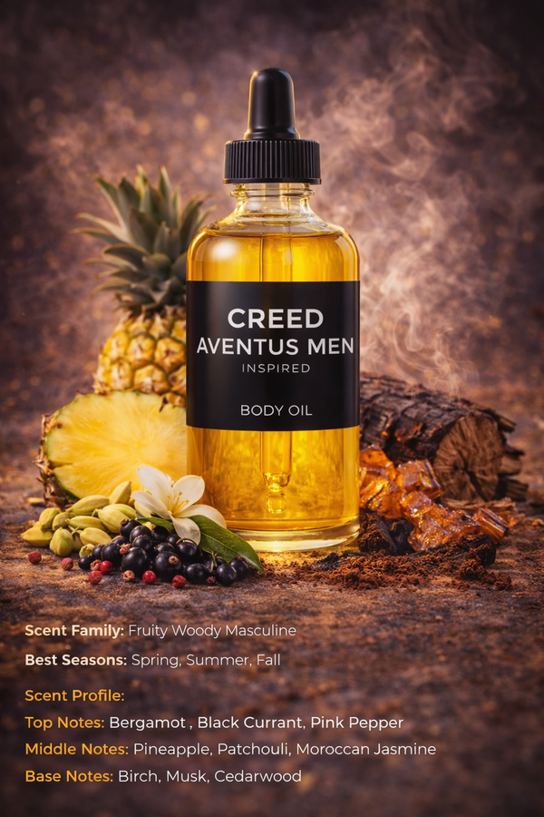 Creed Aventus inspired body oil by HA Fragrances featuring fruity woody masculine scent profile with pineapple, bergamot, black currant and smoky woods notes displayed in luxury body oil bottle.