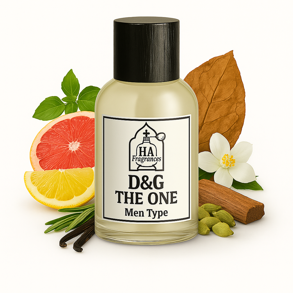 D&G The One Men Type cologne oil by HA Fragrances in a glass bottle, surrounded by grapefruit, basil leaves, cardamom pods, vanilla bean, tobacco leaf, cinnamon stick, and white floral on a white background.