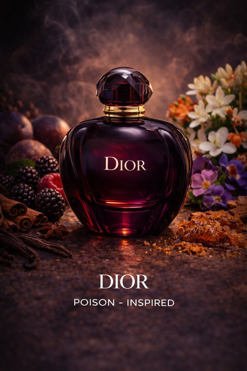 Dior Poison inspired fragrance oil featuring dark berries, spicy florals, amber warmth, and a bold mysterious luxury presentation with product name displayed
