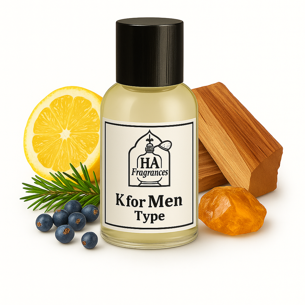 K for Men Type cologne oil by HA Fragrances in a clear glass bottle, surrounded by juniper berries, sliced lemons, cedarwood, vetiver roots, and amber resin on a white background.