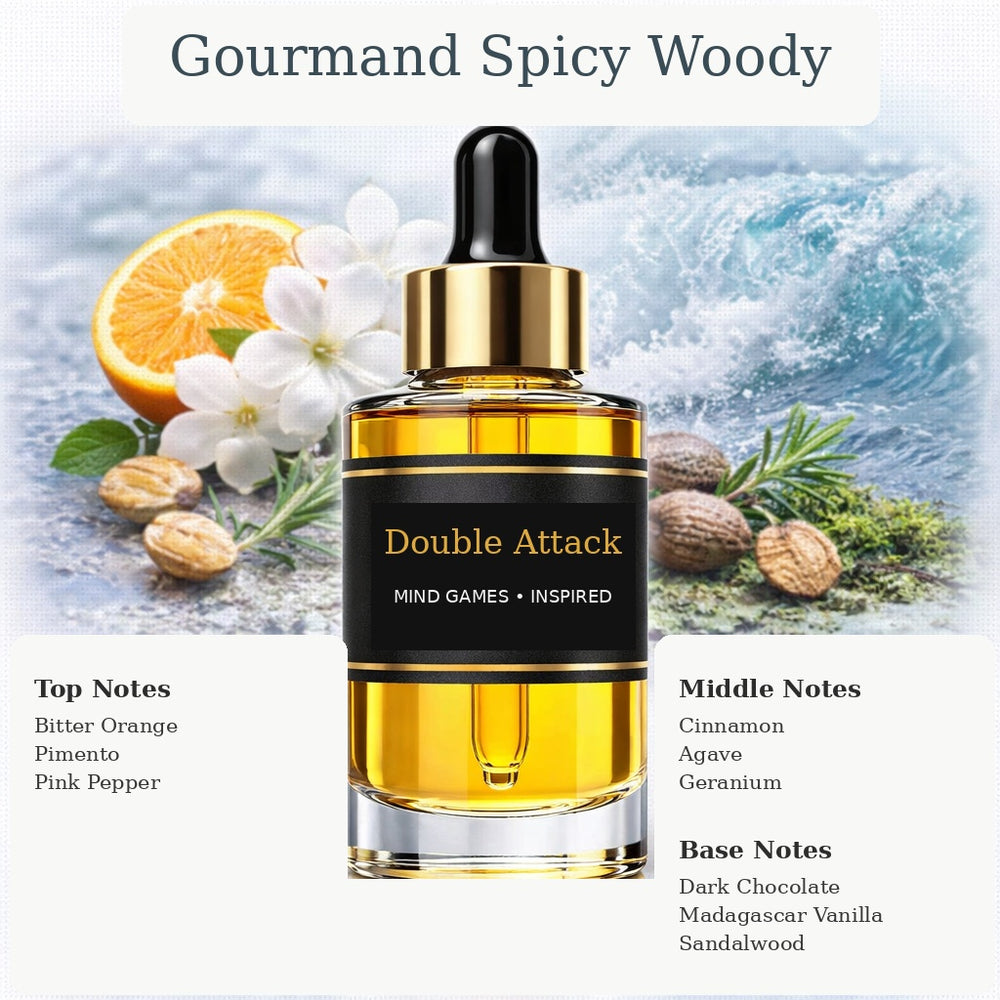 Double Attack Mind Games inspired fragrance oil with Bitter Orange, Pimento, Pink Pepper, Cinnamon, Agave, Geranium, and Dark Chocolate, Madagascar Vanilla, Sandalwood notes