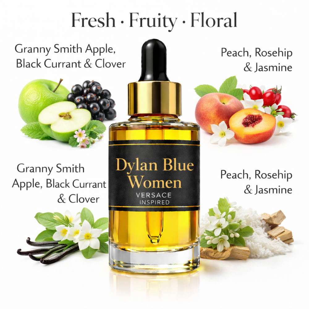 Dylan Blue Women Versace Inspired fragrance oil – Fresh Fruity Floral scent with apple, black currant, peach and jasmine on white background
