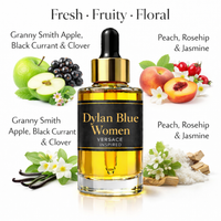 Dylan Blue Women Versace Inspired fragrance oil – Fresh Fruity Floral scent with apple, black currant, peach and jasmine on white background