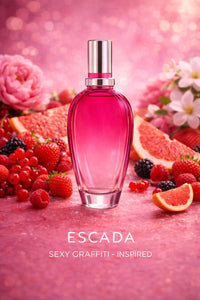 Escada Sexy Graffiti inspired fragrance oil displayed with red berries, grapefruit, and floral accents in a bright, playful luxury setting