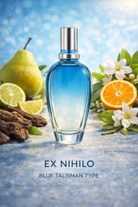 Ex Nihilo Blue Talisman Inspired fragrance oil bottle surrounded by pear, bergamot, mandarin orange, orange blossom flowers, and warm cedar woods on a soft blue background
