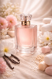 Glossier You inspired fragrance oil featuring a soft blush glass bottle surrounded by iris flowers, pink pepper accents, and creamy musk notes, representing a clean, skin-scent aesthetic.
