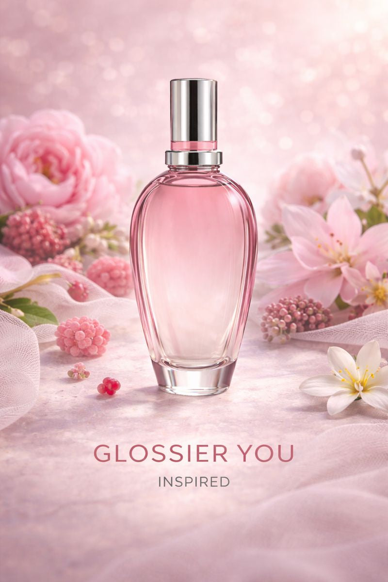 Glossier You inspired fragrance oil displayed in a soft pink setting with delicate florals, representing a clean, musky, skin-like scent with ambrette and ambroxan notes