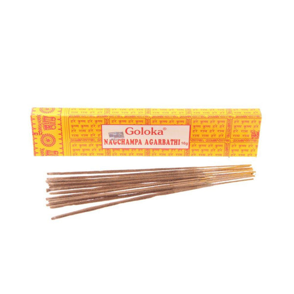 Goloka Nag Champa Agarbathi incense sticks box with three incense sticks placed in front, showcasing the premium 16g packaging.