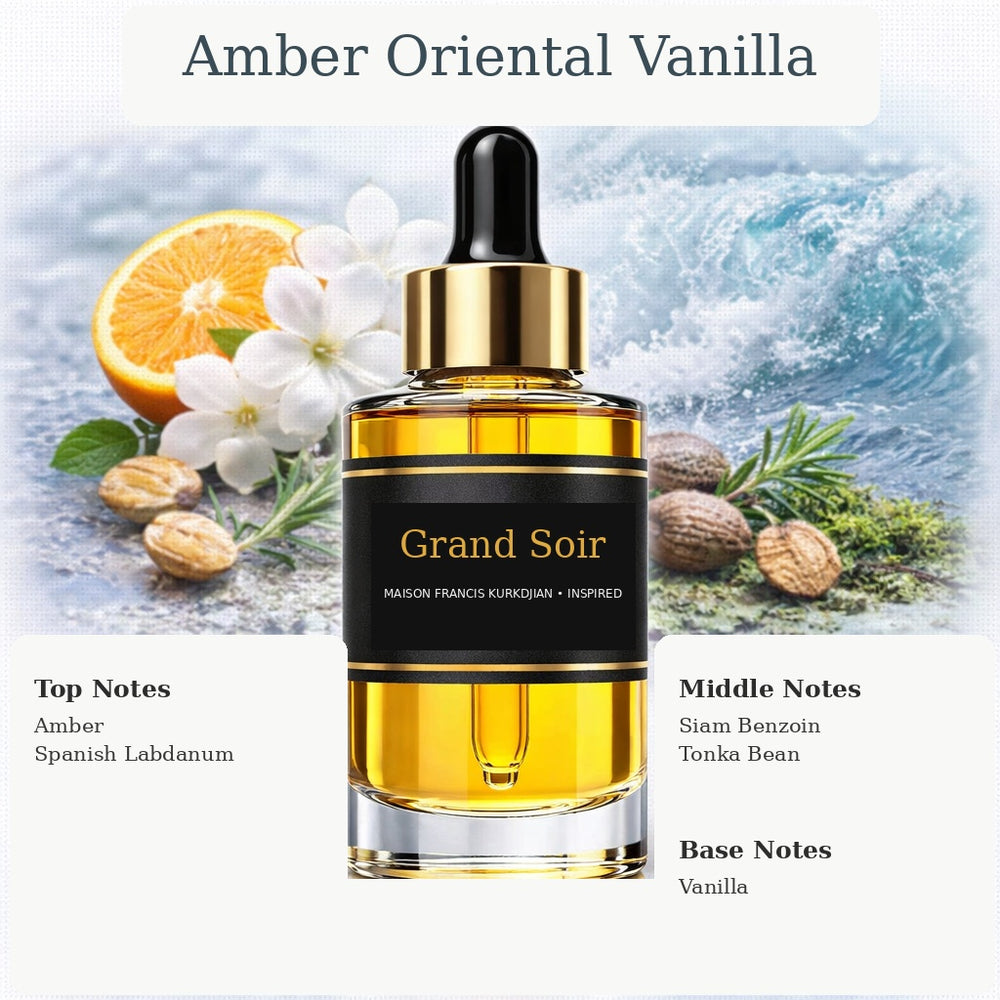 Grand Soir Maison Francis Kurkdjian inspired fragrance oil with Amber, Spanish Labdanum, Siam Benzoin, Tonka Bean, and Vanilla notes