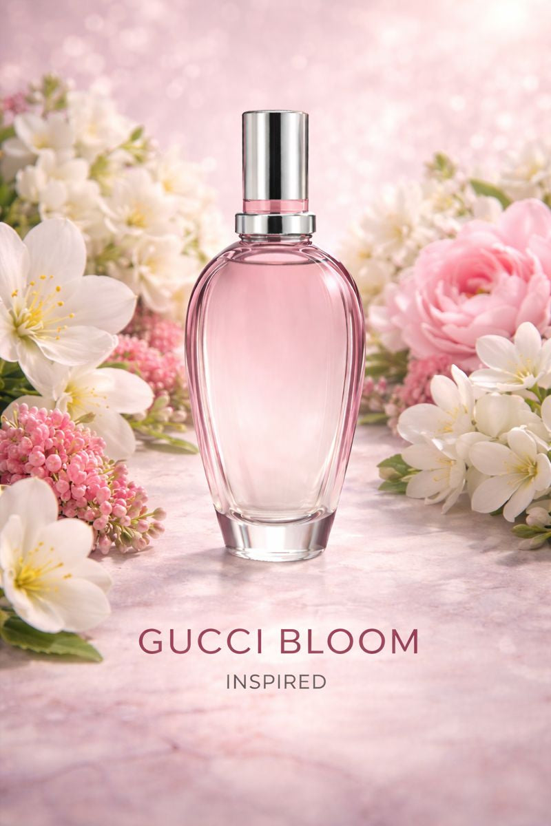 Gucci Bloom inspired fragrance oil displayed with white jasmine and tuberose flowers on a soft pink background, elegant floral feminine scent