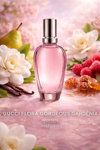 Gucci Flora Gorgeous Gardenia women inspired fragrance oil displayed with gardenia flowers, pear, red berries, and soft gourmand accents in a feminine pastel setting