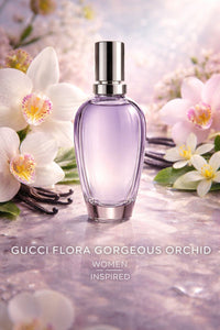 Gucci Flora Gorgeous Orchid women inspired fragrance oil styled with vanilla orchid florals and airy fresh accents, representing a sweet floral gourmand scent
