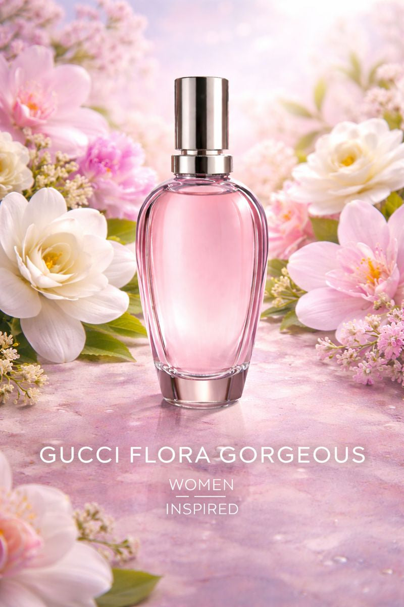 Gucci Flora Gorgeous women inspired fragrance oil displayed in a soft pink floral setting with elegant white blossoms, representing a bright and feminine floral scent