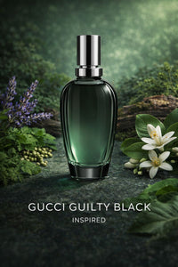 Gucci Guilty Black inspired fragrance oil displayed with lavender, green coriander, orange blossom, cedarwood, and patchouli accents in a fresh green luxury setting