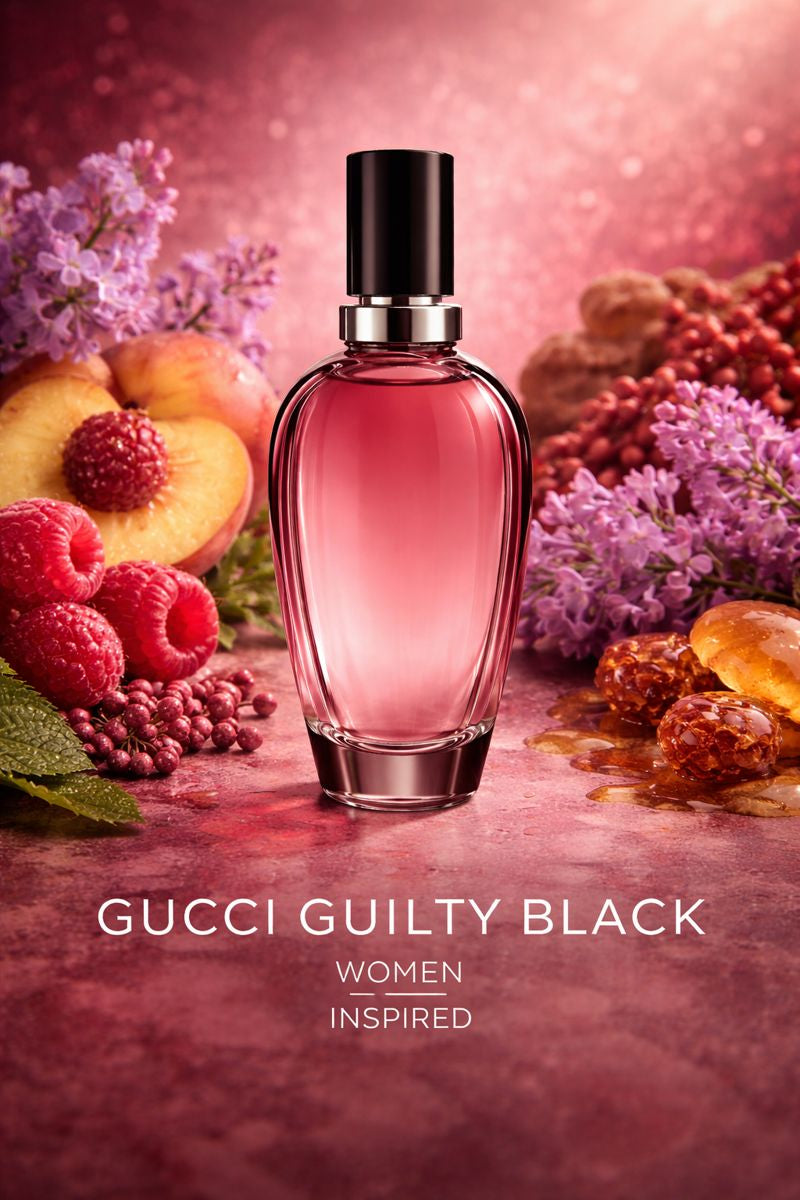 Gucci Guilty Black women inspired fragrance oil displayed with raspberries, peaches, lilac flowers, amber accents, and a feminine luxury presentation