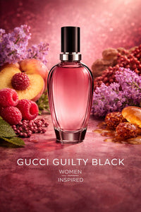 Gucci Guilty Black women inspired fragrance oil displayed with raspberries, peaches, lilac flowers, amber accents, and a feminine luxury presentation
