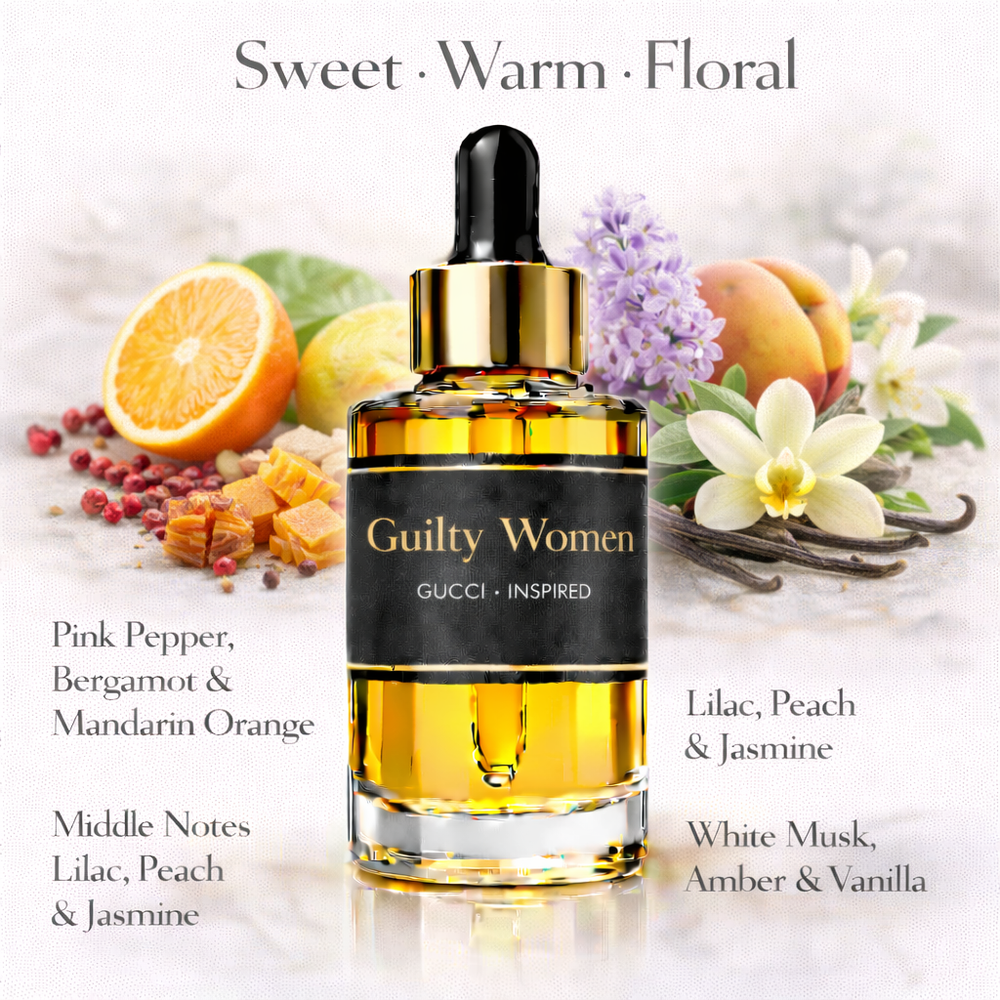Gucci Guilty Women Inspired fragrance oil – Sweet Warm Floral scent with pink pepper, bergamot, peach, jasmine and vanilla on white background