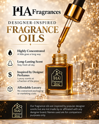 HA Fragrances designer-inspired fragrance oils with a luxury amber oil bottle, dropper, and designer comparison disclaimer.