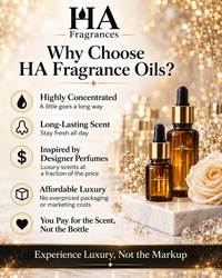 HA Fragrances oil-based fragrance oils highlighting highly concentrated, long-lasting, designer-inspired scents and affordable luxury.