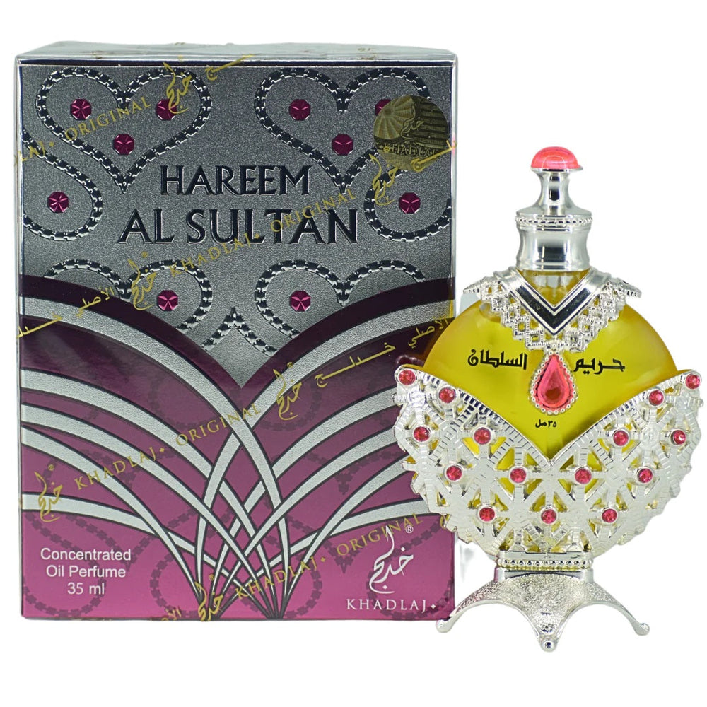 Hareem Al Sultan Silver concentrated perfume oil by Khadlaj, 35ml bottle and box.