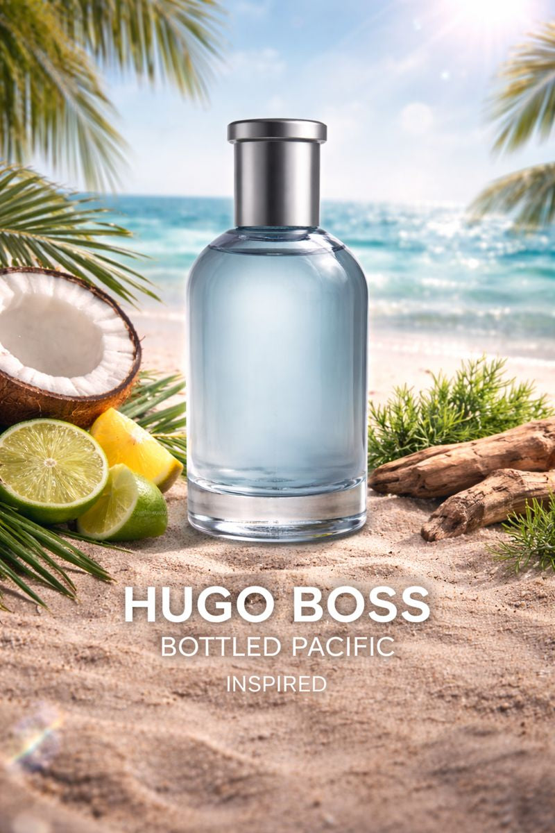 Hugo Boss Bottled Pacific inspired men’s fragrance oil displayed on a tropical beach with coconut, citrus, driftwood, and ocean backdrop, representing a fresh aquatic woody scent