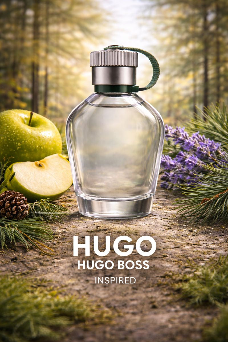 Hugo Boss Man inspired men’s fragrance oil displayed with green apple, lavender, pine needles, and fresh forest woods, representing a clean green woody masculine scent