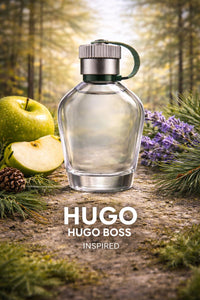 Hugo Boss Man inspired men’s fragrance oil displayed with green apple, lavender, pine needles, and fresh forest woods, representing a clean green woody masculine scent