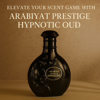 Elegant carousel image of Arabiyat Prestige Hypnotic Oud with luxury black bottle and overlay text that reads “Elevate Your Scent Game