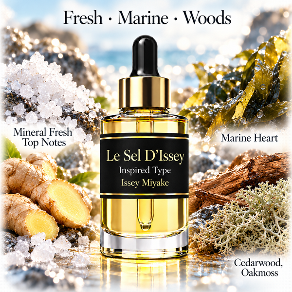 A bottle of Le Sel D’Issey inspired fragrance oil centered over a scenic background with sea, rocks, crystals, ginger, and wood. Text labels the notes Fresh, Marine, Woods, Mineral Fresh, Top Notes, Marine Heart, and Cedarwood, Oakmoss.