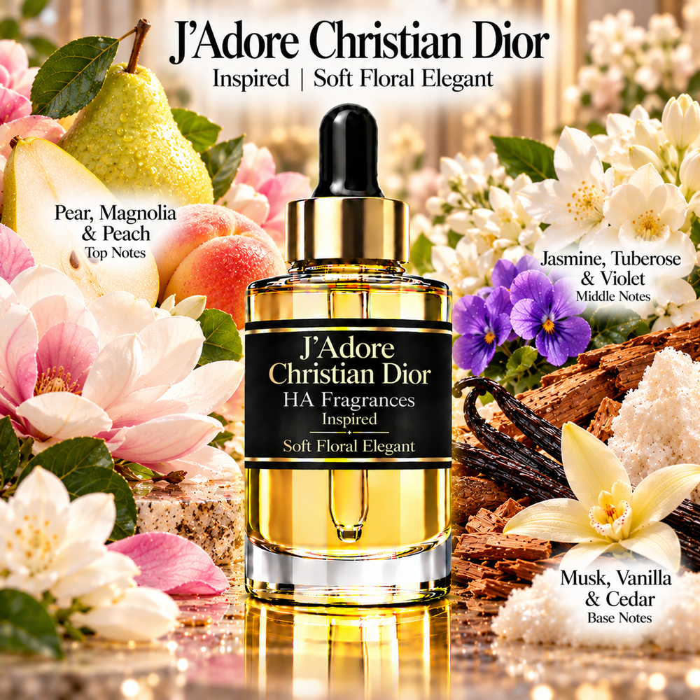 J’Adore Christian Dior inspired fragrance oil by HA Fragrances featuring a luxury gold dropper bottle surrounded by pear, magnolia, peach, jasmine, tuberose, violet, vanilla, musk, and cedar with a Soft Floral Elegant floral musk scent profile.
