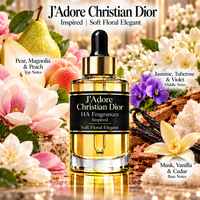 J’Adore Christian Dior inspired fragrance oil by HA Fragrances featuring a luxury gold dropper bottle surrounded by pear, magnolia, peach, jasmine, tuberose, violet, vanilla, musk, and cedar with a Soft Floral Elegant floral musk scent profile.