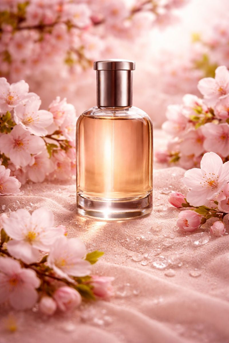 Soft floral fragrance oil inspired by Japanese Cherry Blossom with delicate cherry blossom petals, jasmine, sandalwood, pear, and mimosa in an elegant feminine setting
