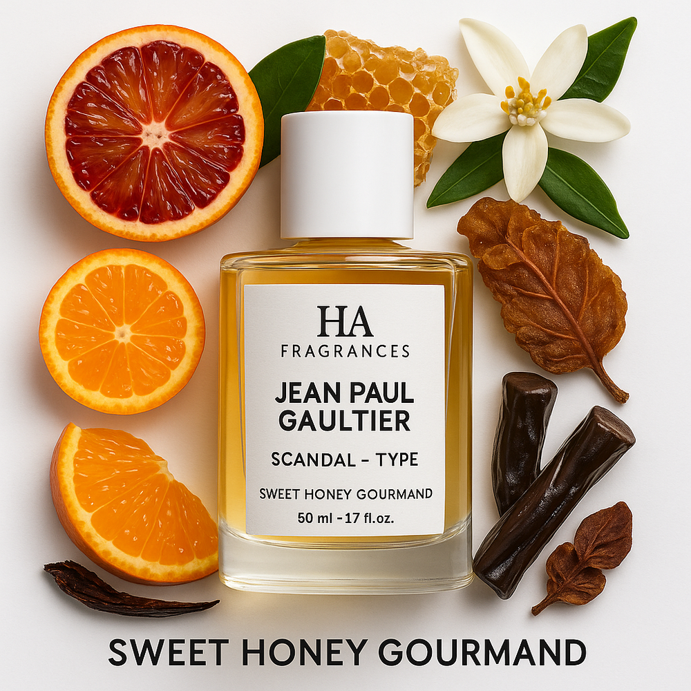HA Fragrances Jean Paul Gaultier Scandal Type Inspired perfume oil with blood orange, honeycomb, caramel, and floral notes on a clean white background